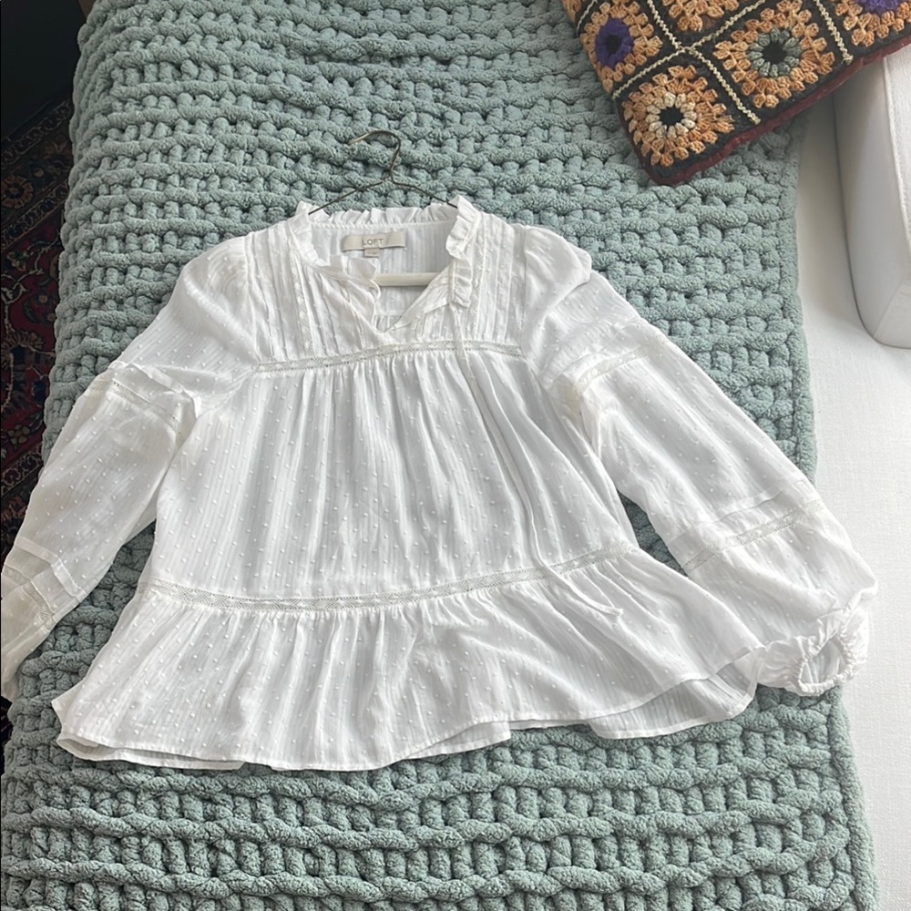 LOFT White Ruffled Blouse with Vintage-Inspired Details